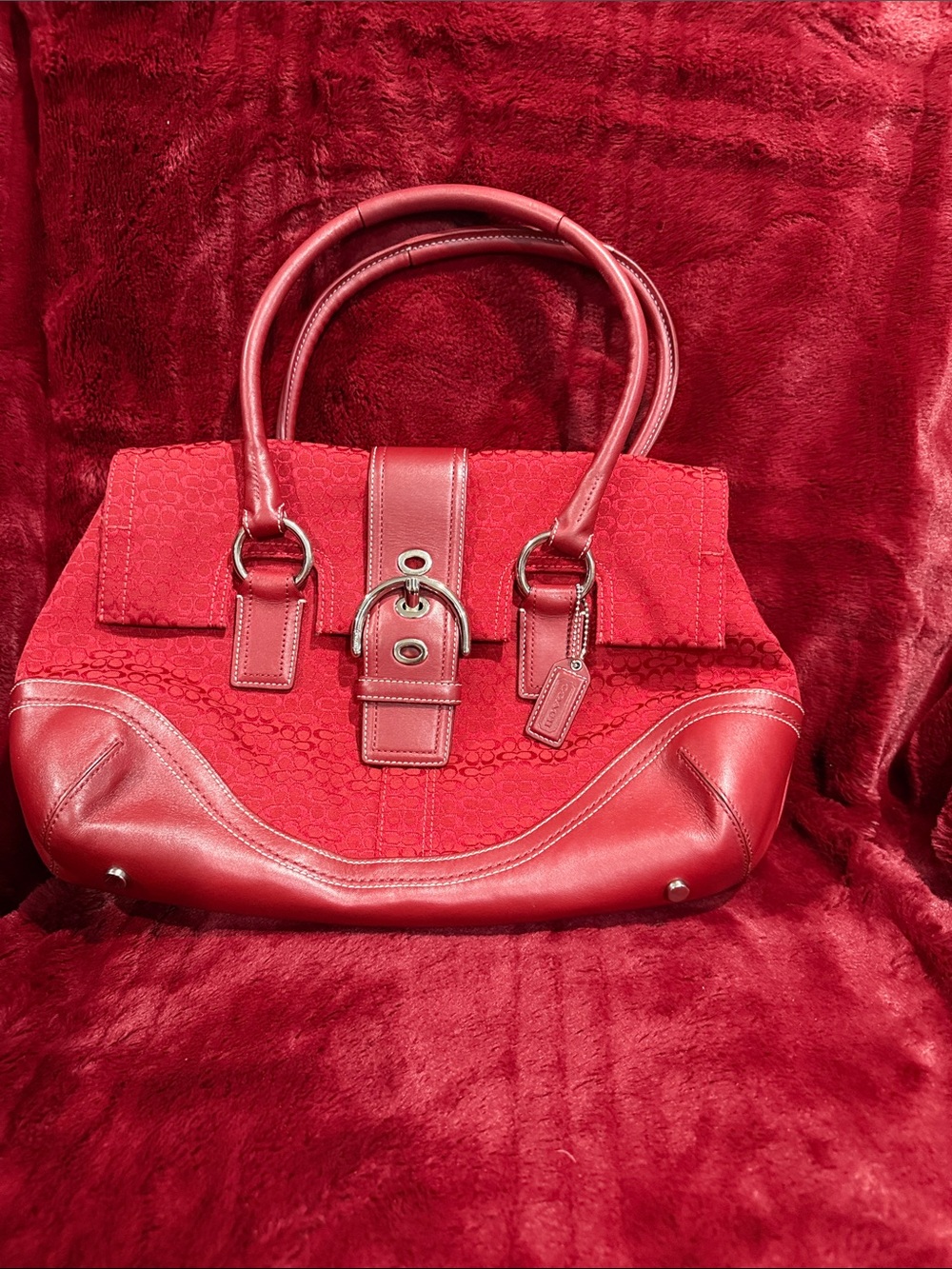Vintage Coach Red Structured Leather/Fabric Tote Handbag - Picture 1 of 4
